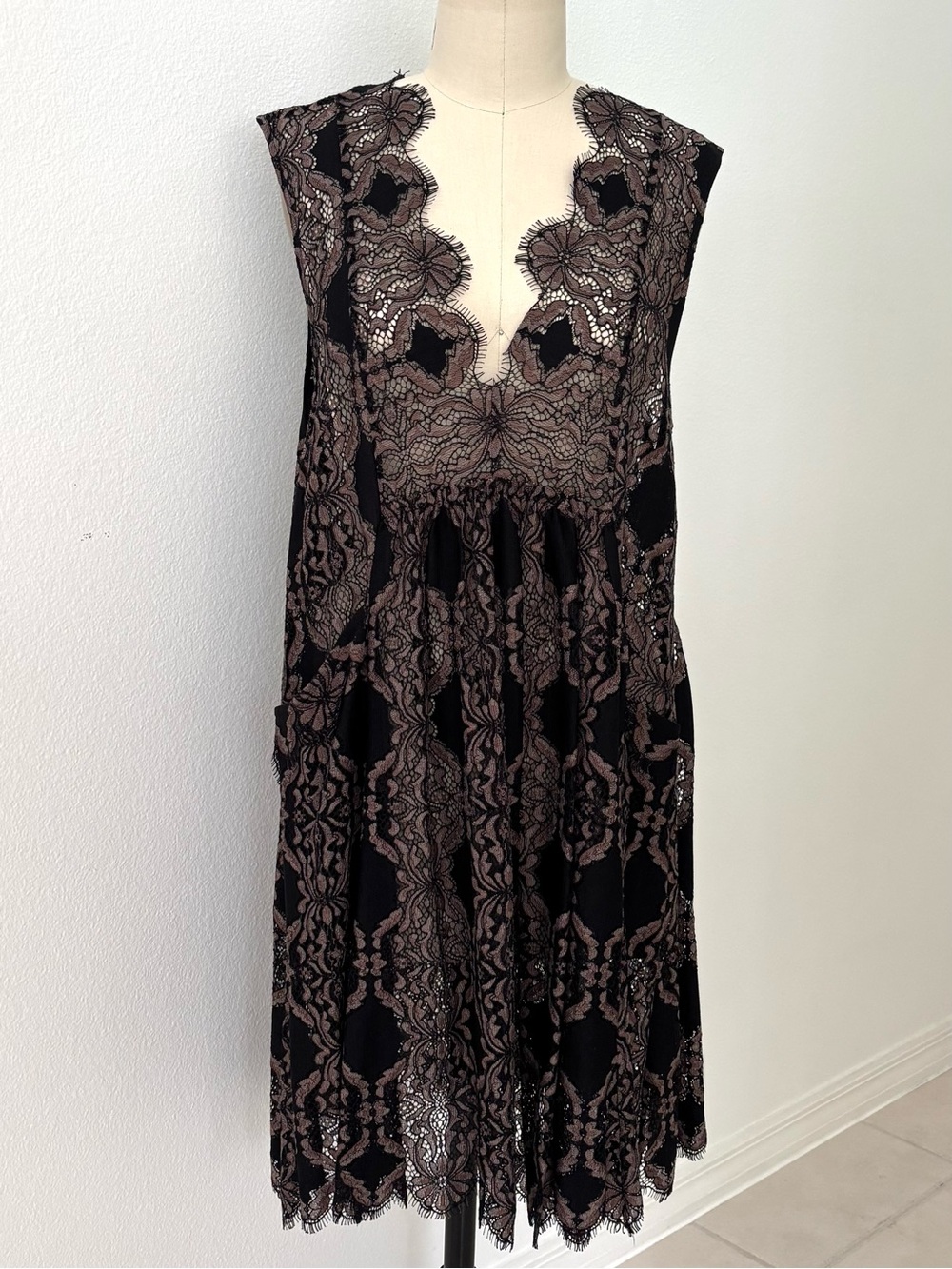 Free People Lace Dress Black/Brown Oversized Knee Length Plunge Sleeveless S